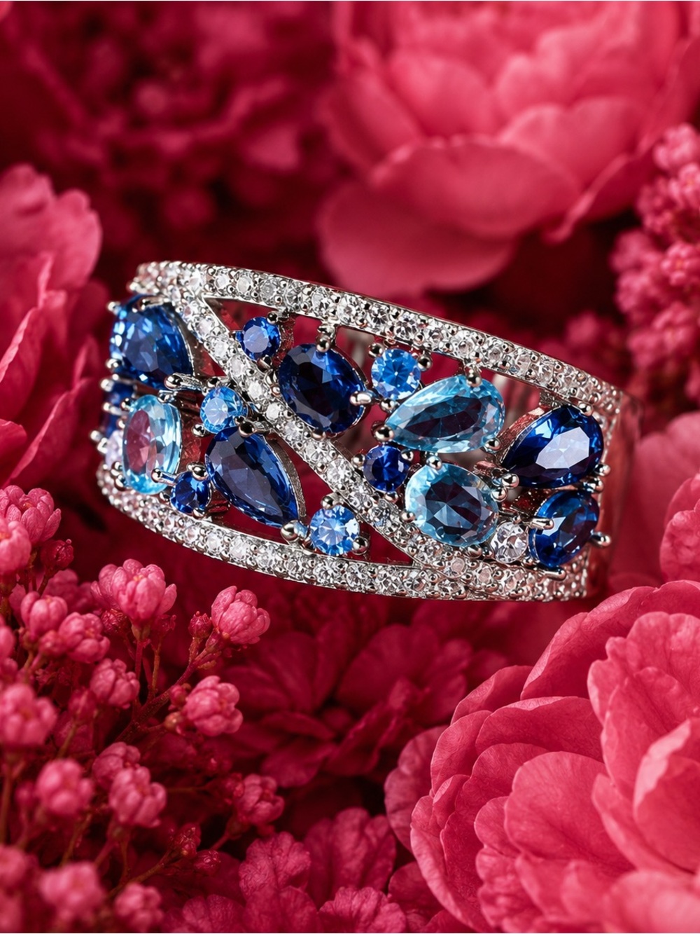 Blue Crystal Multi-Stone Statement Ring - Women Jewelry size 9